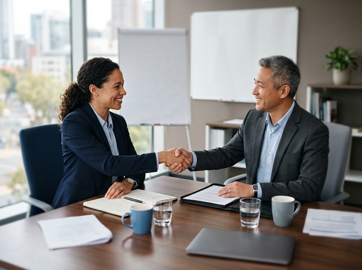 Consultant and client shaking hands after a meeting