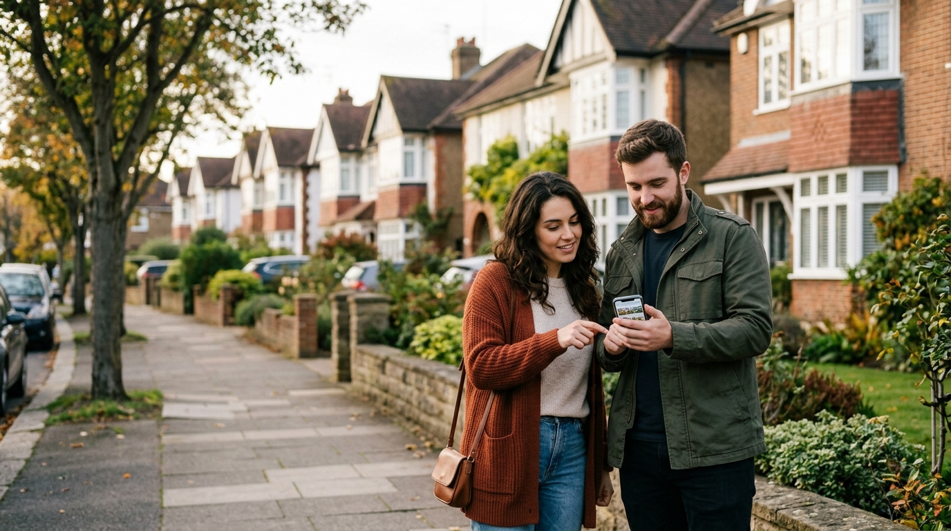 Couple searching for homes on a phone on a residential street