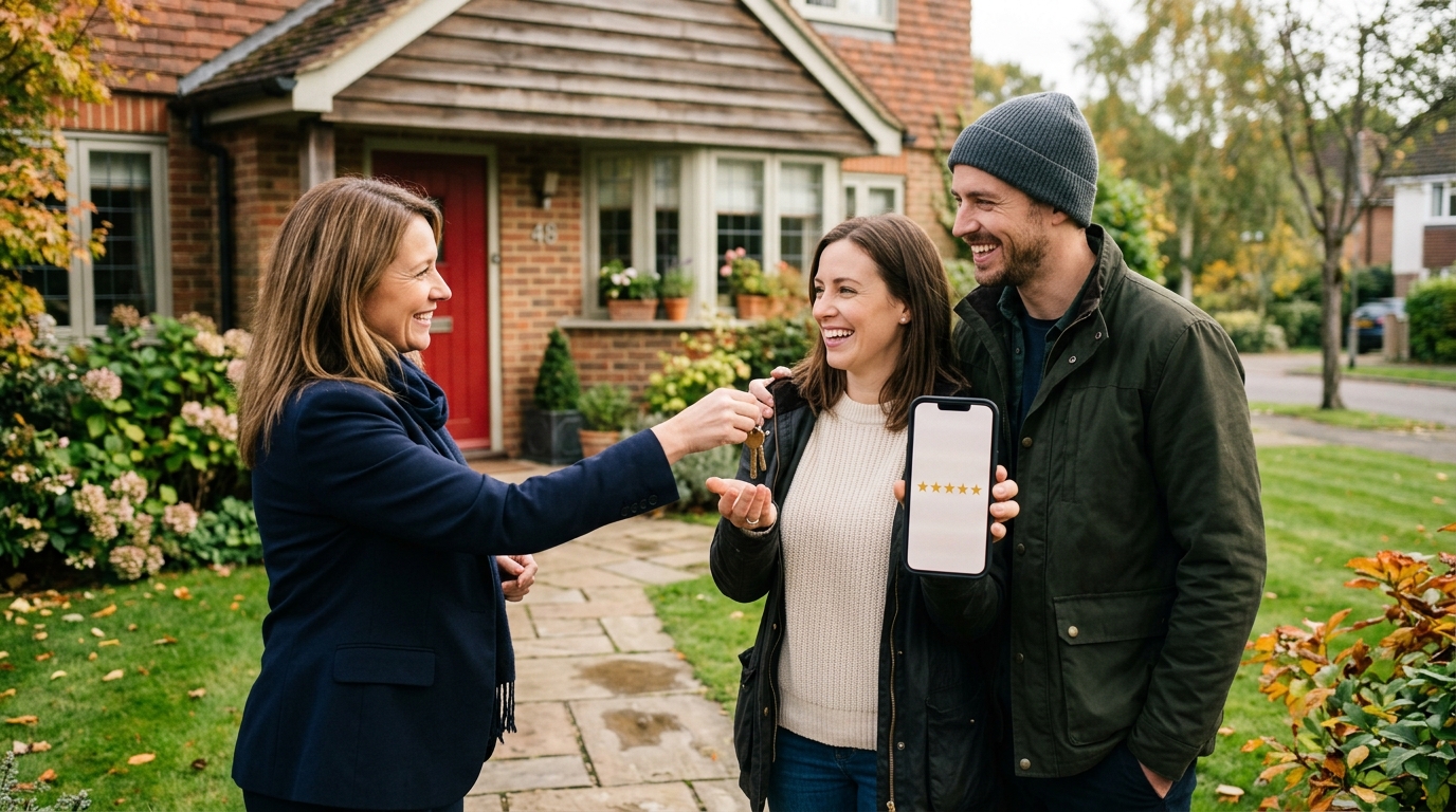 Couple receiving keys outside their new home