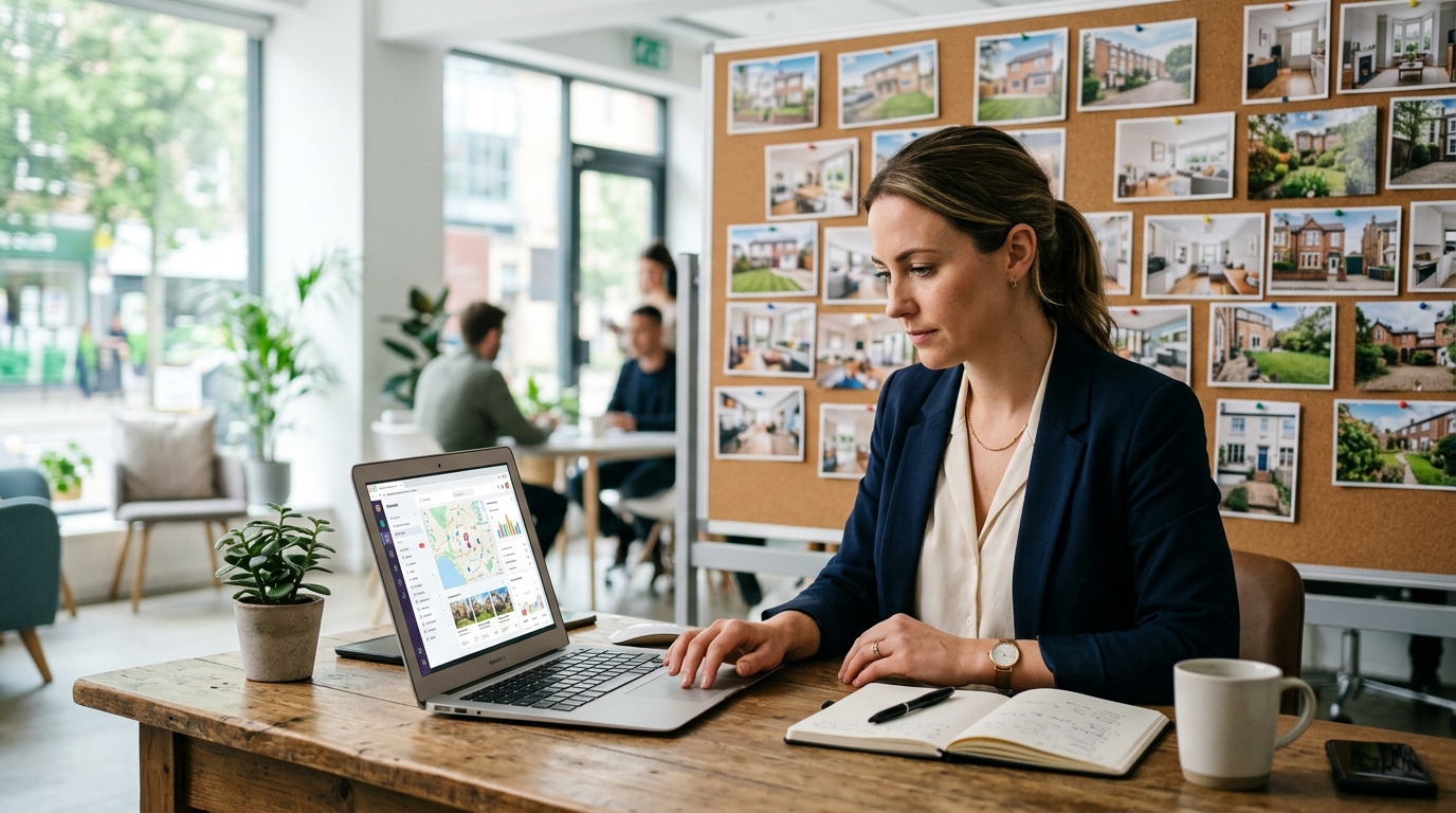 Estate agent reviewing search performance on a laptop in an agency office