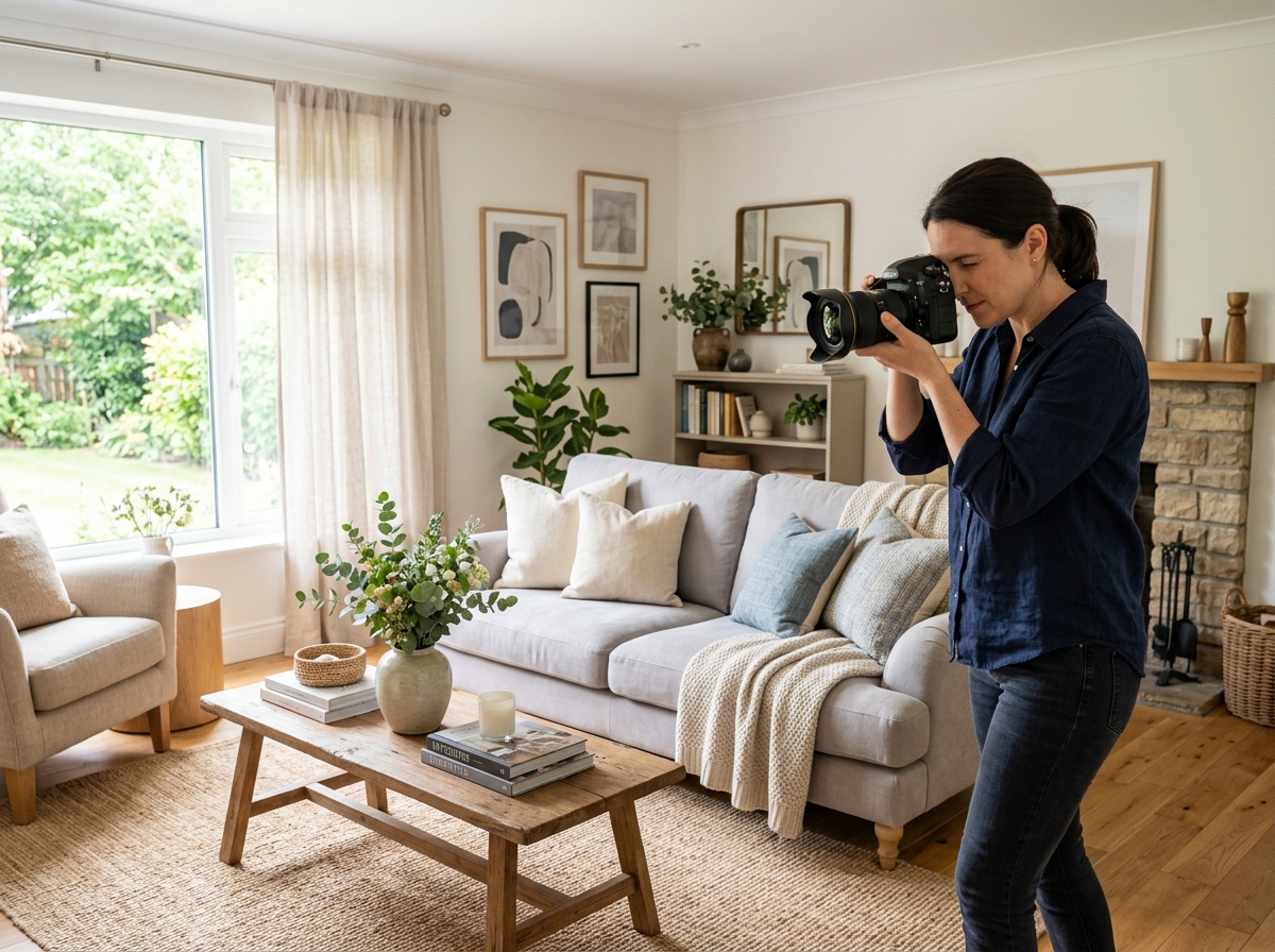 Agent photographing a staged living room