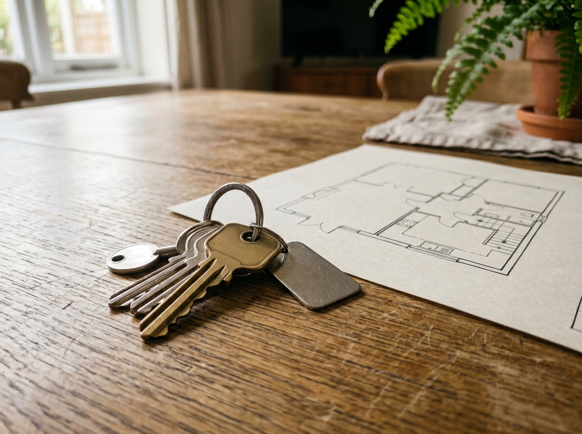 House keys beside a floor plan on a table