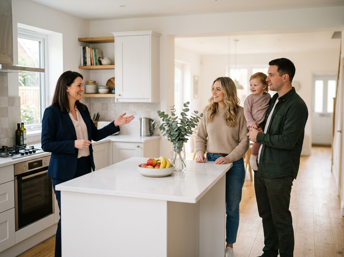 Agent showing a family around a kitchen