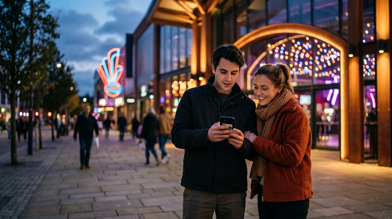 Couple buying activity tickets on a phone outside an entertainment centre