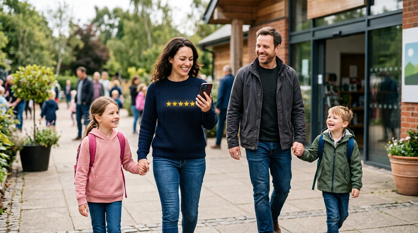 Family leaving an activity centre, the mother leaving a review on her phone
