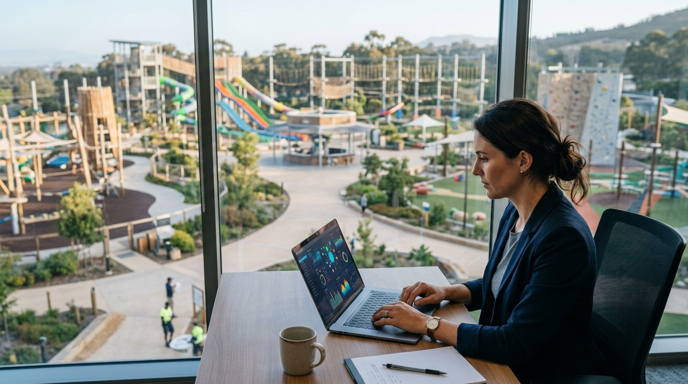 Attraction manager reviewing search performance on a laptop before opening