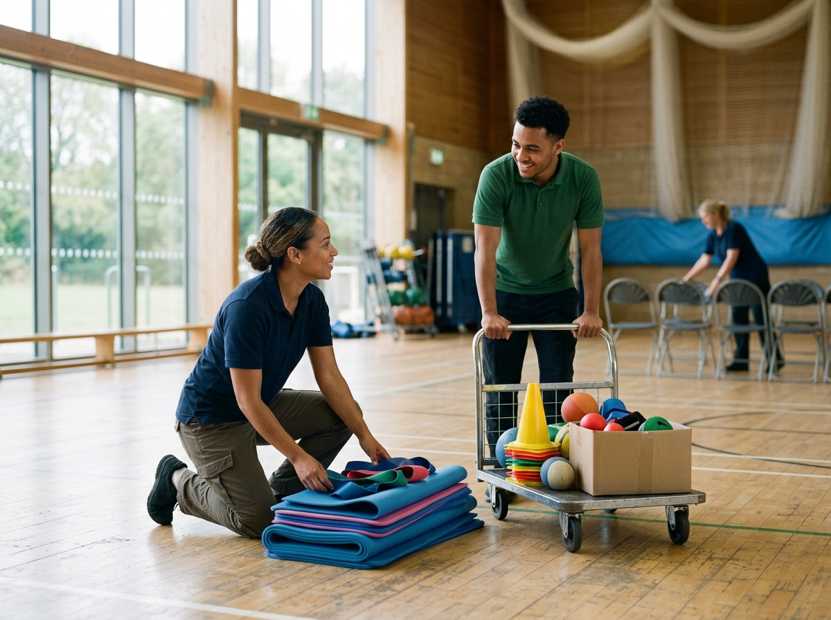 Staff setting up equipment for a group activity