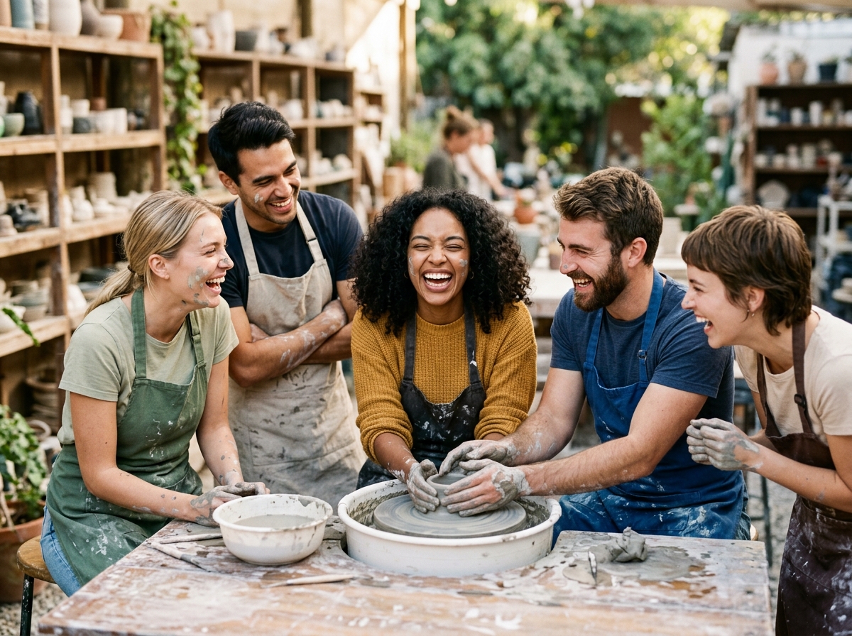 Friends laughing while taking part in an activity
