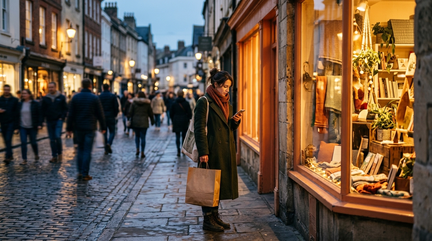Shopper checking her phone outside a warmly lit shop window