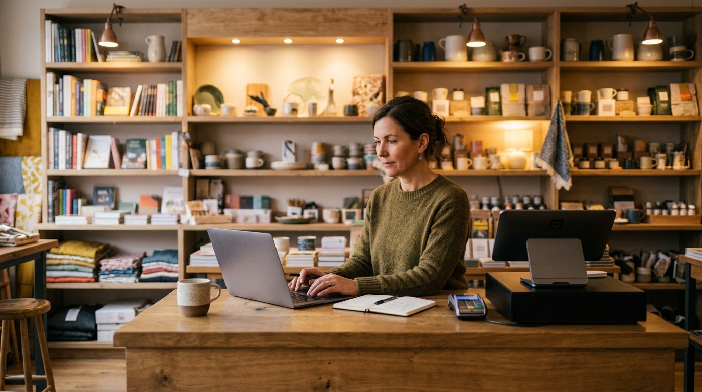Shop owner reviewing search performance on a laptop at the counter
