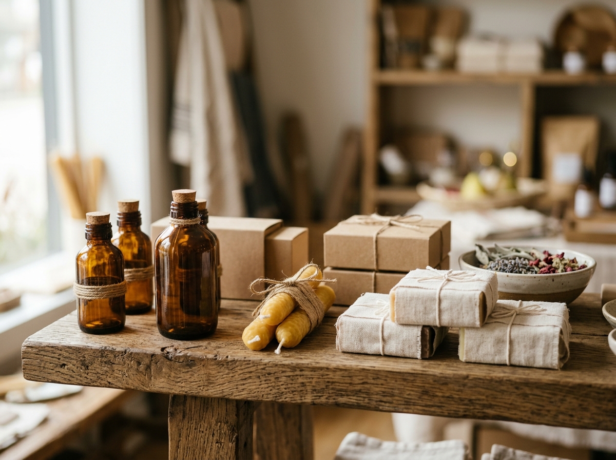 Products arranged on a wooden display shelf