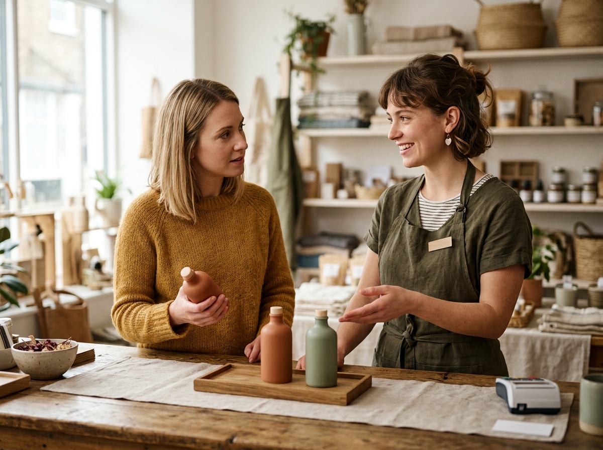 Shop assistant helping a customer choose a product