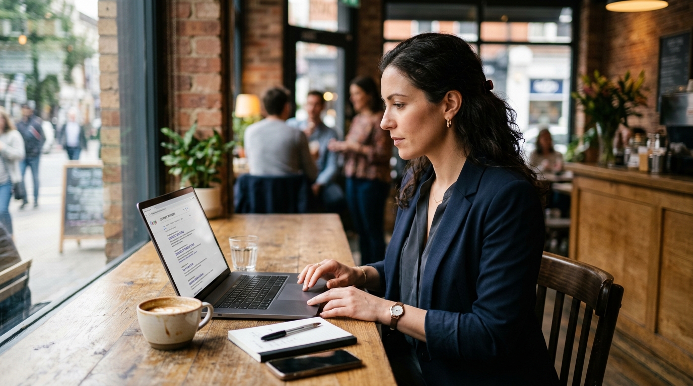 Business user searching for a software provider on a laptop in a café