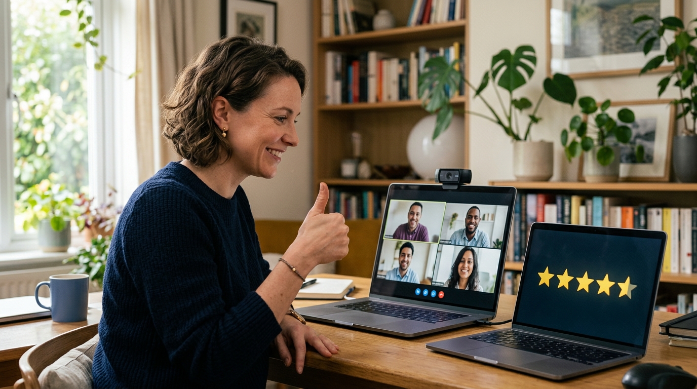 Client giving a thumbs-up on a video call with a tech team
