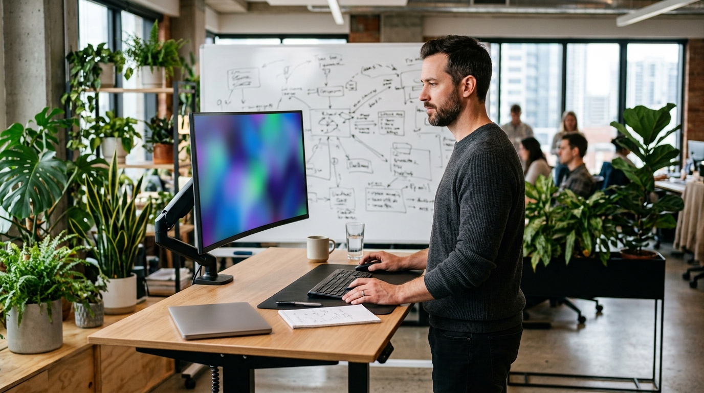 Tech founder reviewing search performance on a large monitor