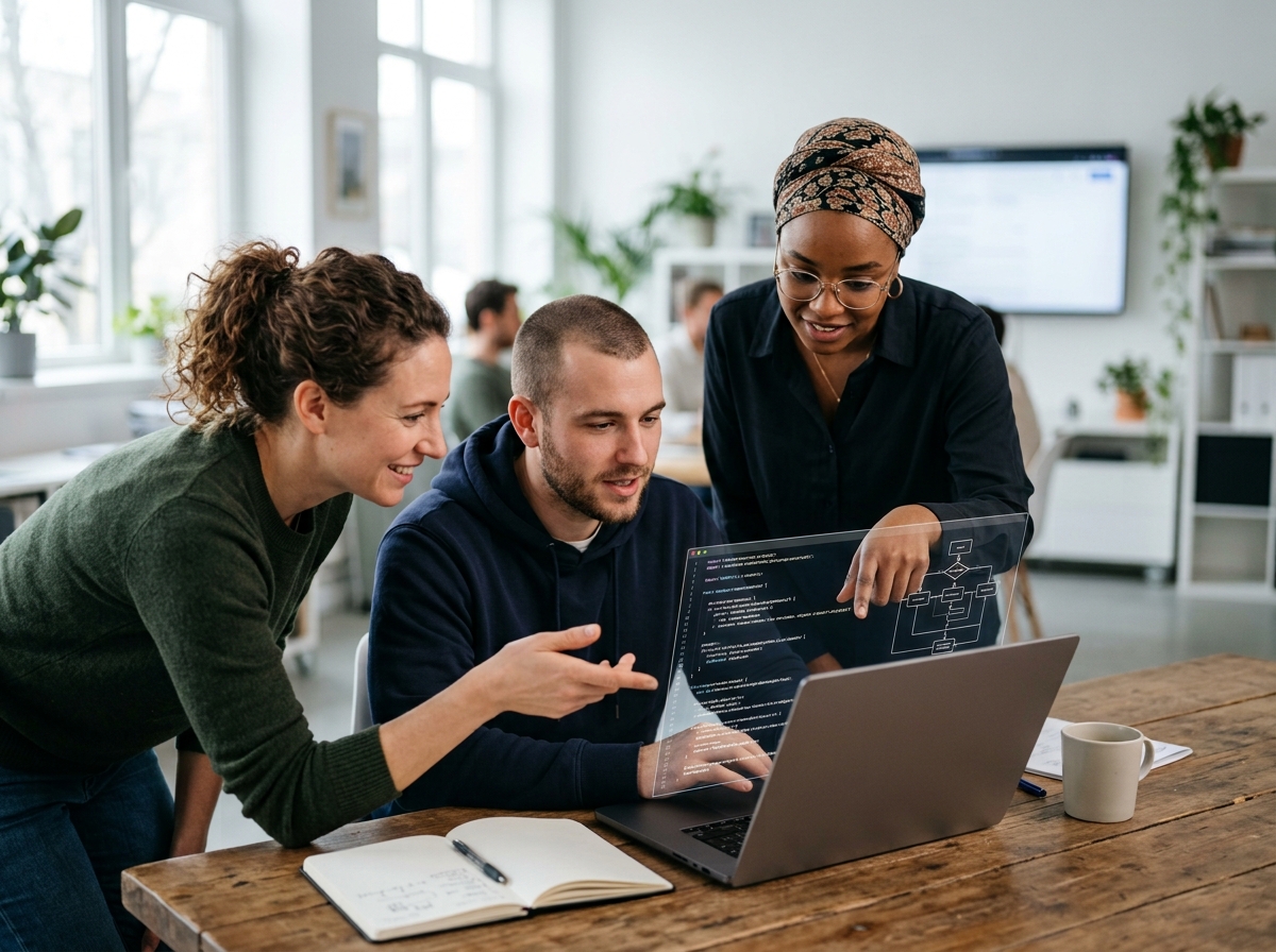 Tech team collaborating around a laptop
