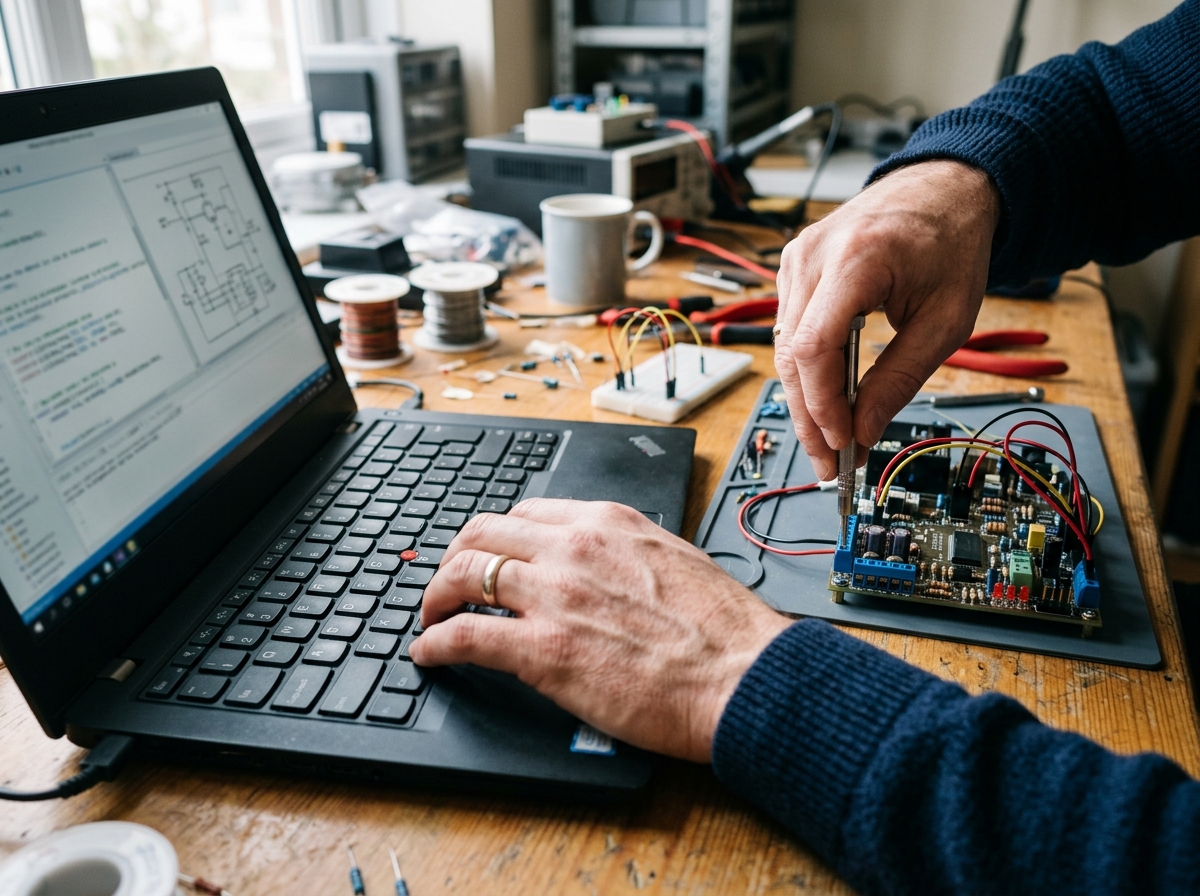 Hands working on a device prototype