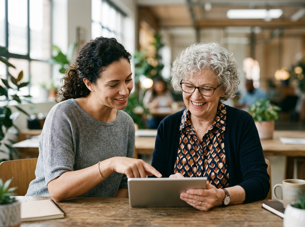 Support specialist helping a client with a device