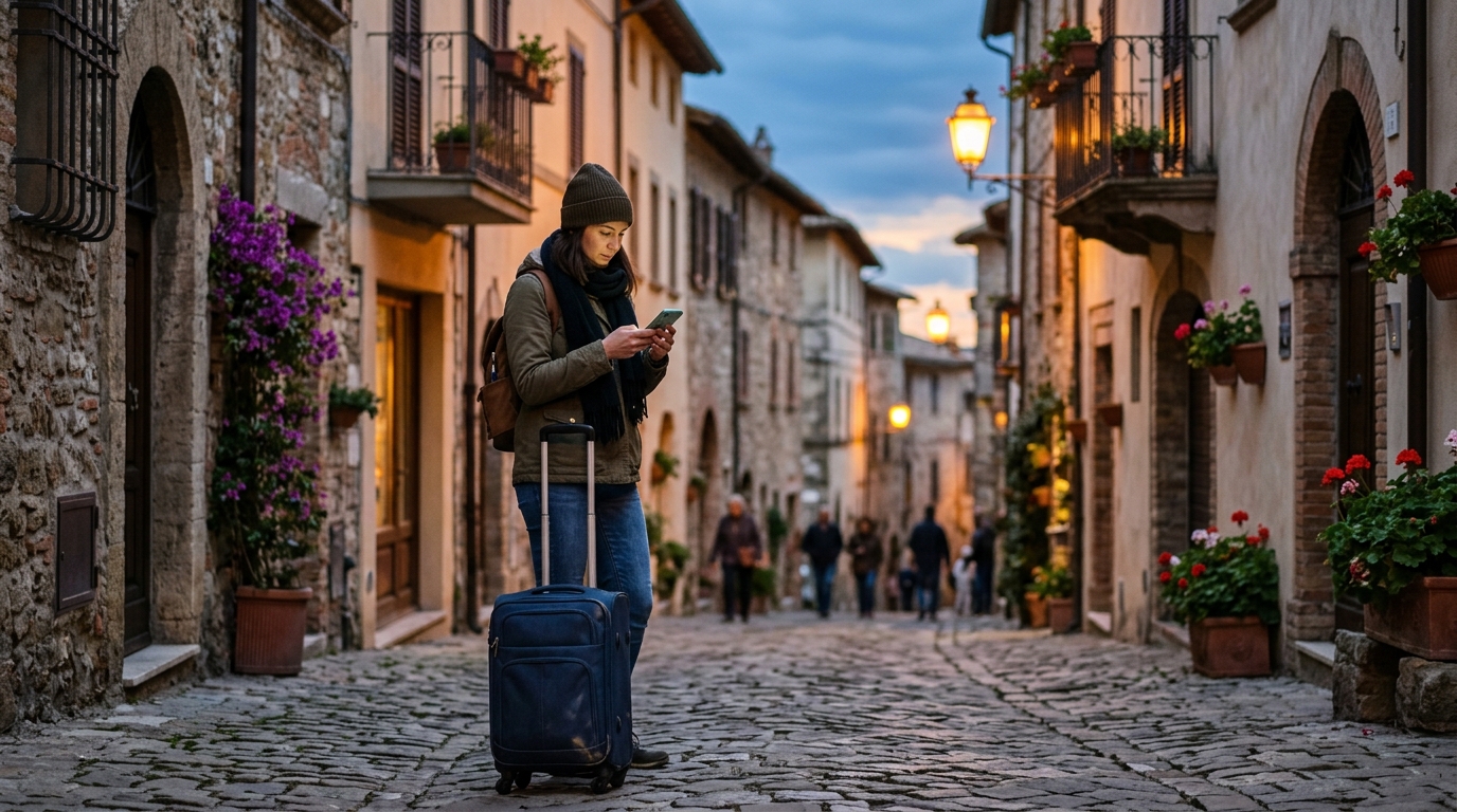 Traveller searching for somewhere to stay on her phone