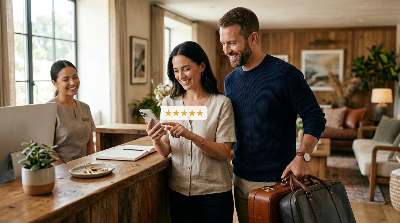 Couple leaving a review while checking out of a hotel