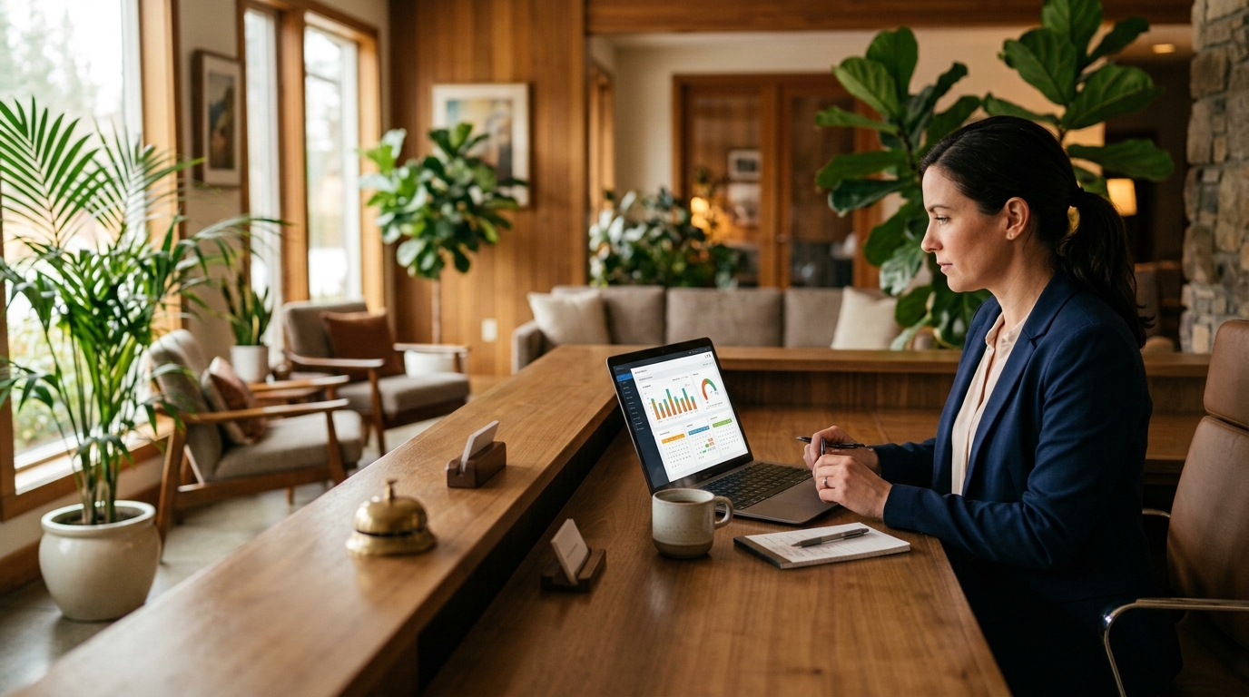 Hotel manager reviewing bookings on a laptop at a quiet reception desk