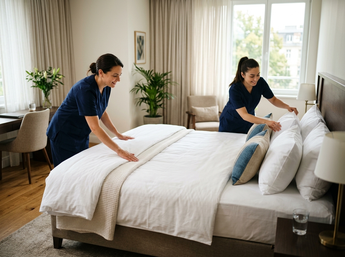 Housekeeping staff preparing a guest room