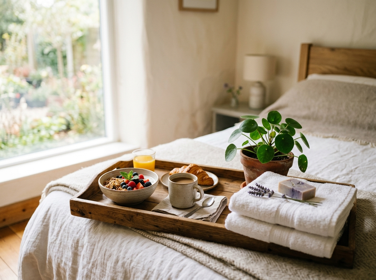 Breakfast tray and fresh towels in a sunlit guest room