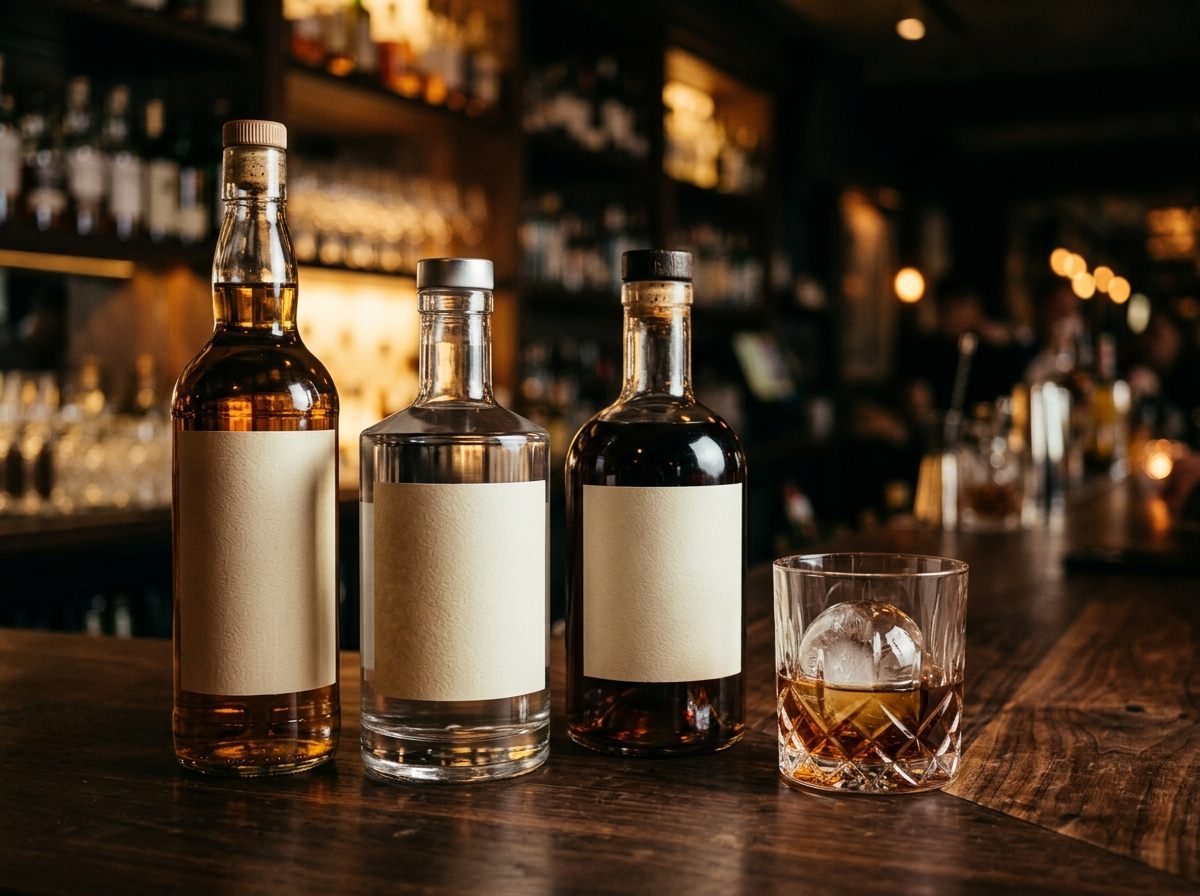 Whisky, gin and rum bottles beside a tumbler of whisky on ice at a dimly lit bar