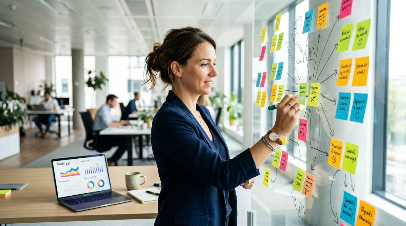 Marketer mapping keyword clusters on a whiteboard beside a laptop