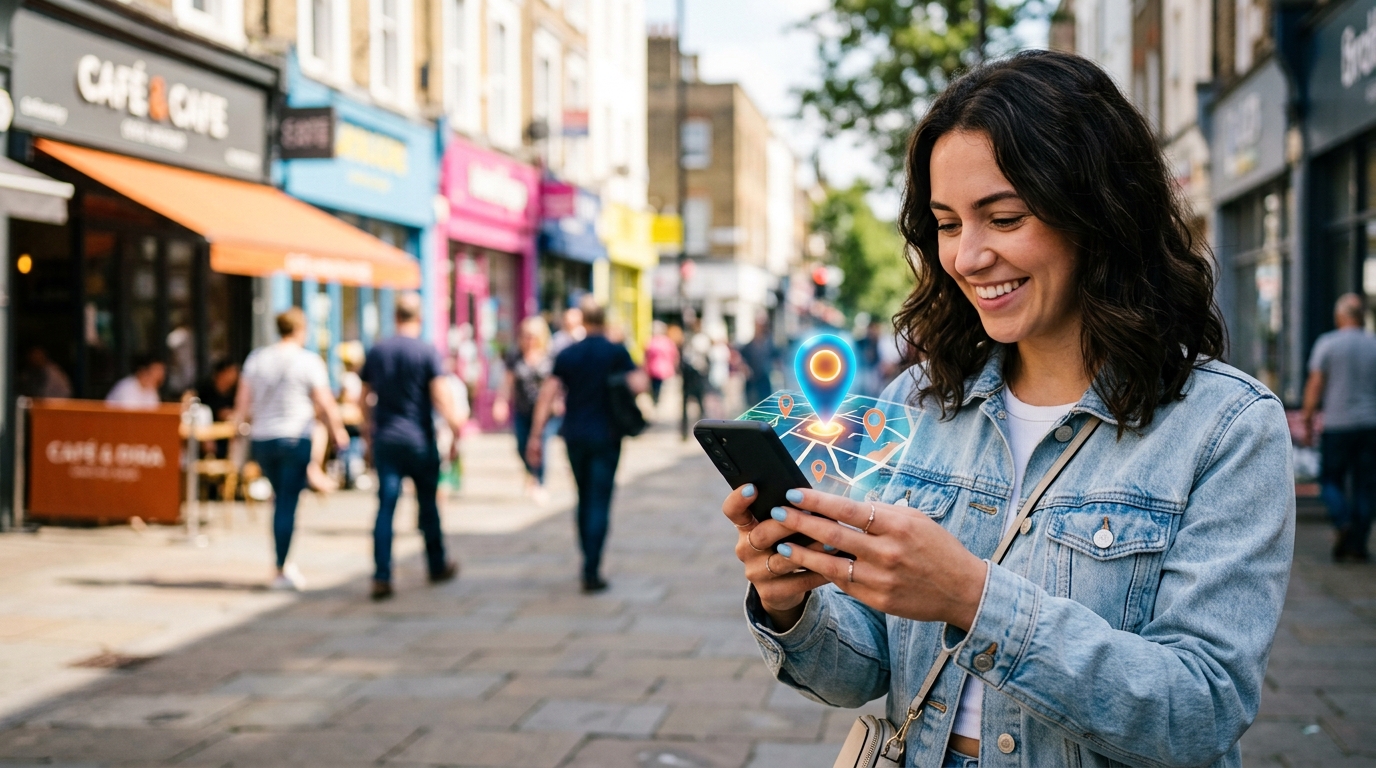 Customer holding a phone with a map pin while standing on a local high street