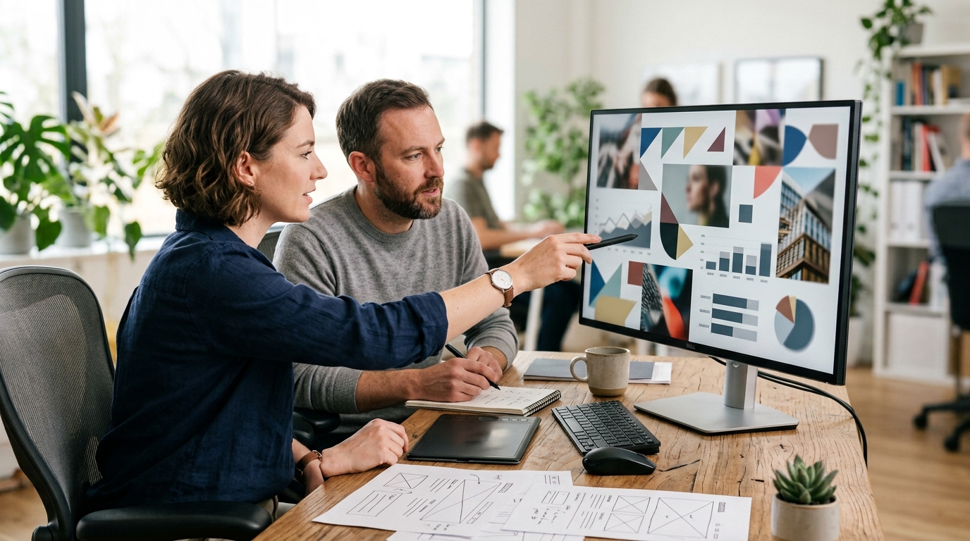 Designer and copywriter reviewing a web page layout on a large monitor