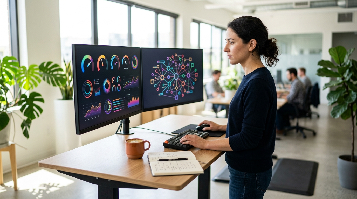 Developer checking site speed and crawl reports across two monitors