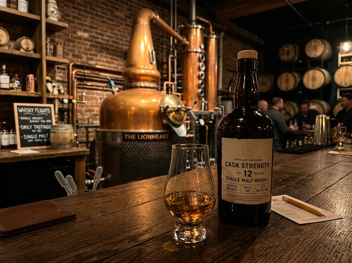 Copper pot still and a glass of cask-strength single malt whisky at a distillery tasting bar
