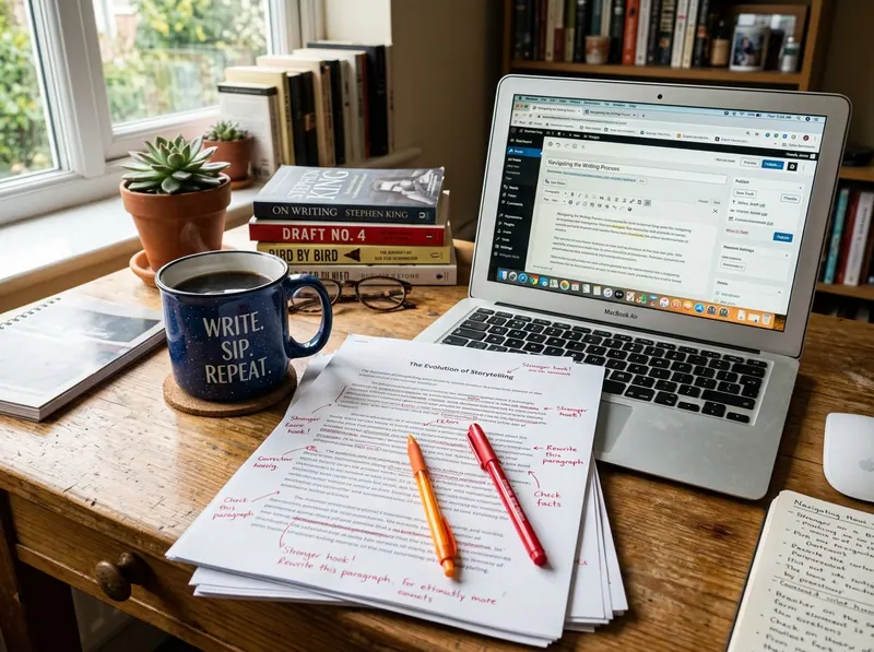 Laptop with a content editor open beside a printed draft marked up with review notes