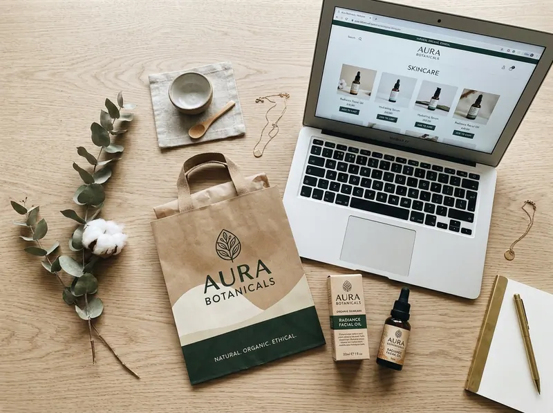 Skincare brand online store on a laptop beside its products and packaging