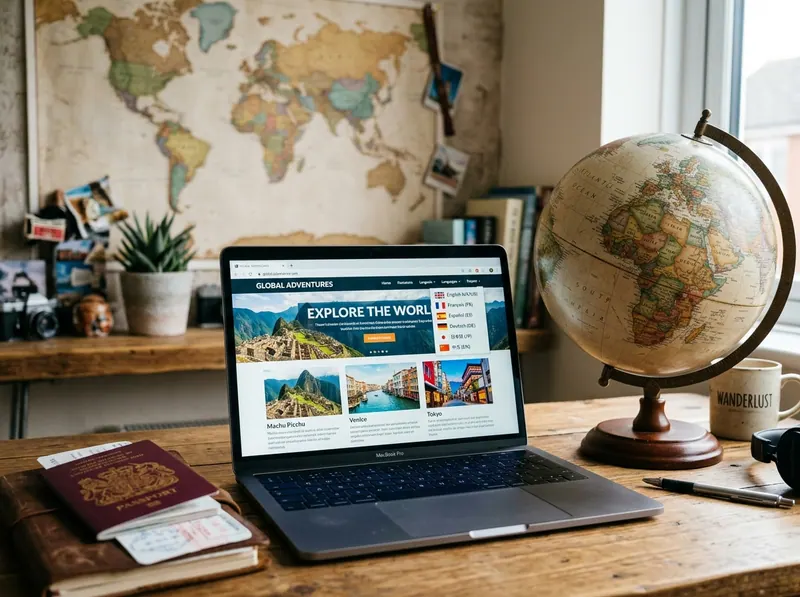 Laptop showing a website with a language selector next to a globe, a world map, and a passport