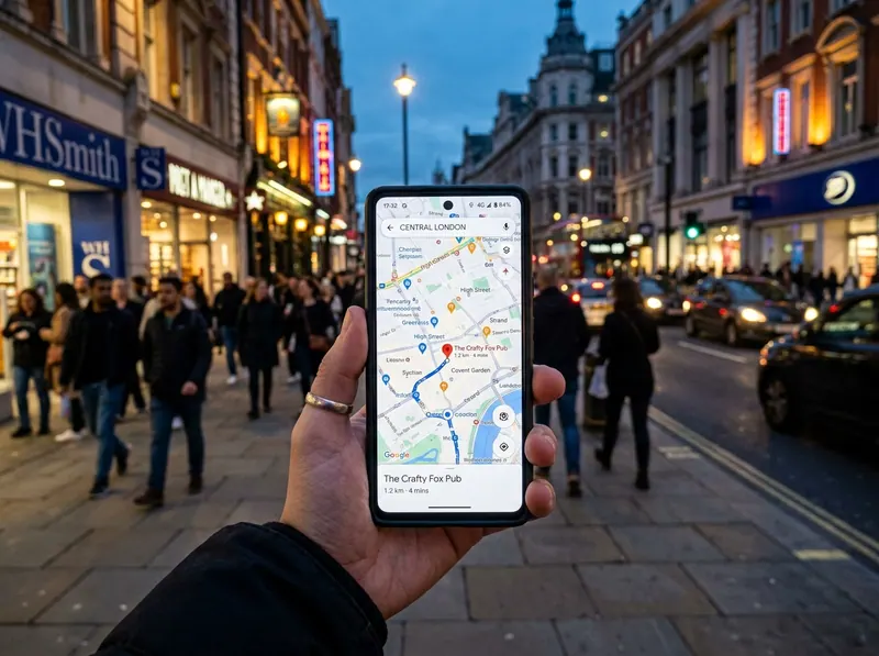 Smartphone showing a local map search on a busy London high street