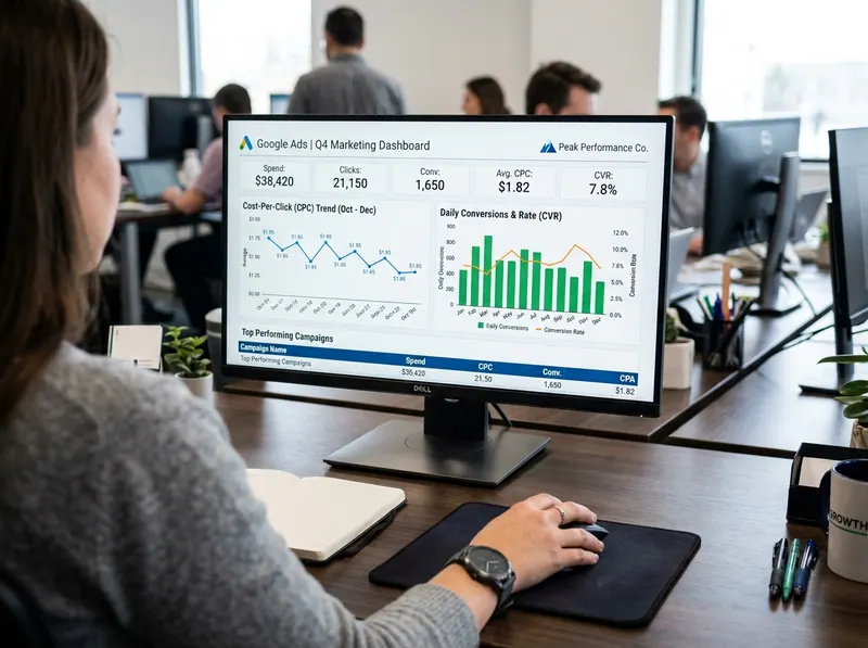 Marketer reviewing a Google Ads performance dashboard on a desktop monitor