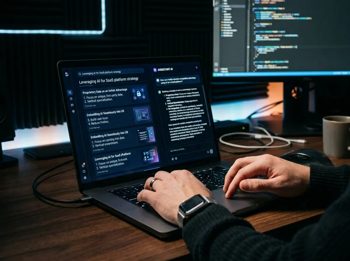 Strategist typing on a laptop showing an AI assistant answer alongside search research