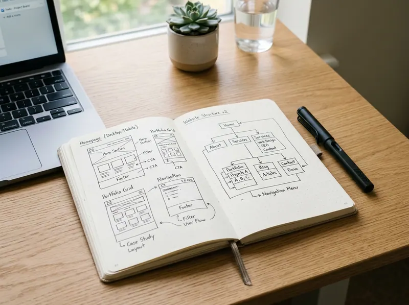 Notebook with a hand-drawn website structure and page wireframes beside a laptop
