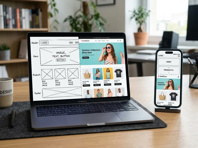 Laptop and phone showing a website design moving from wireframe to finished layout