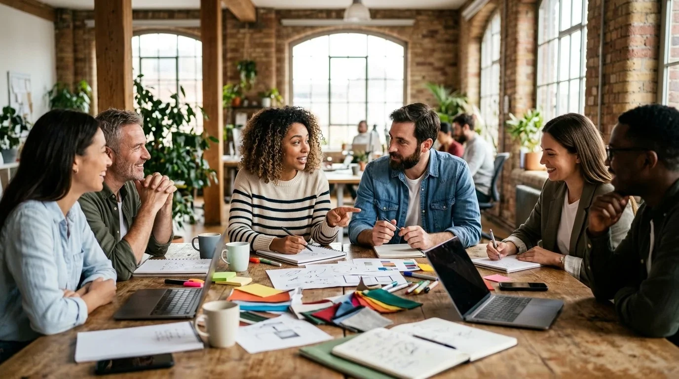 Marketing team planning a strategy around a shared table