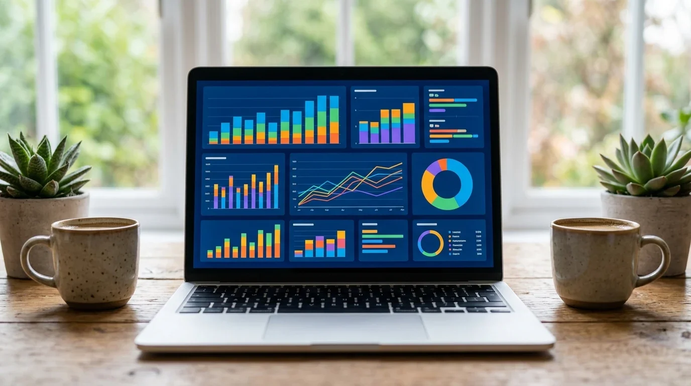 Laptop showing colourful analytics charts on a wooden table beside coffee cups