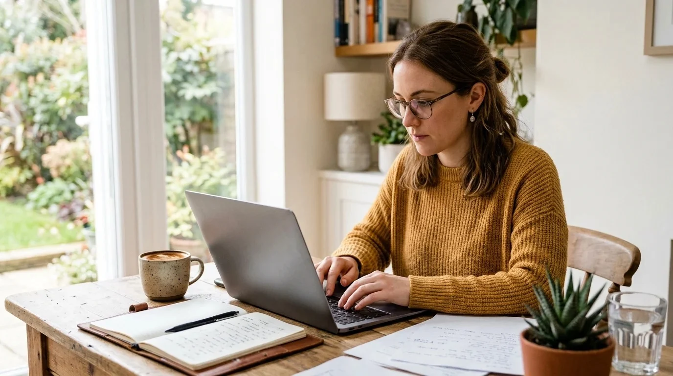 Content writer drafting a blog post on a laptop by a window