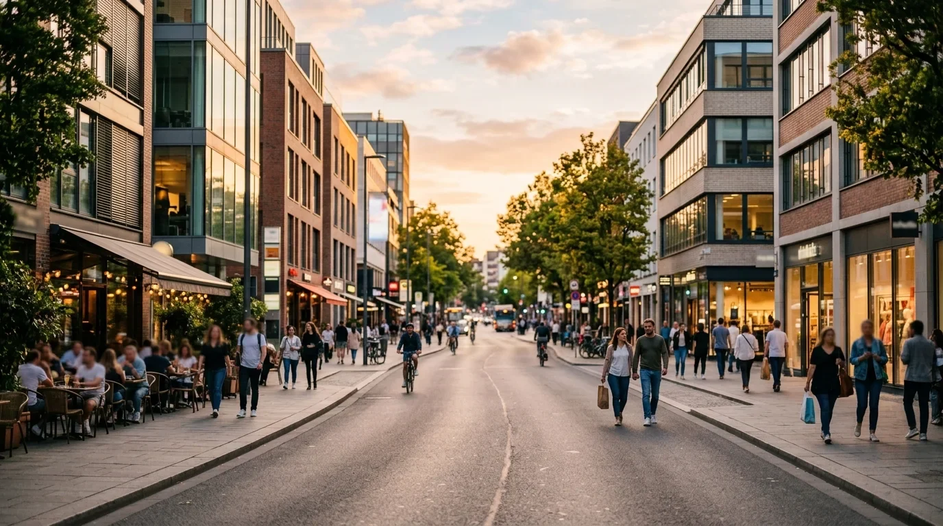 Busy high street lined with shops, cafés and offices at golden hour