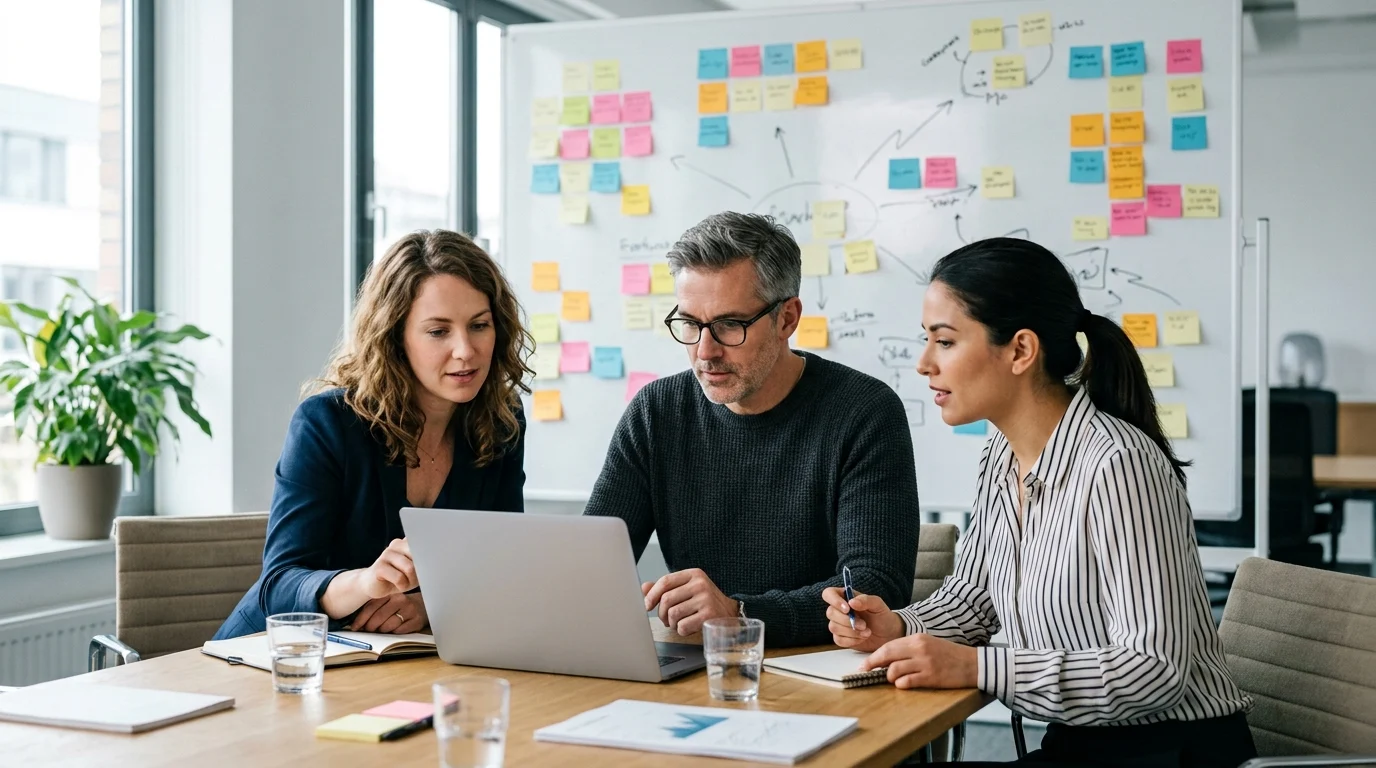 Three colleagues planning around a laptop in front of a wall of sticky notes