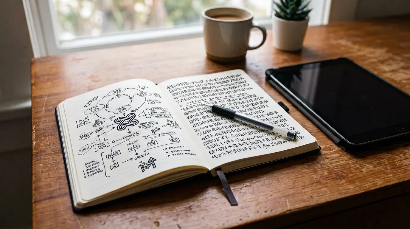 Notebook with hand-drawn brand mind map next to a tablet and coffee