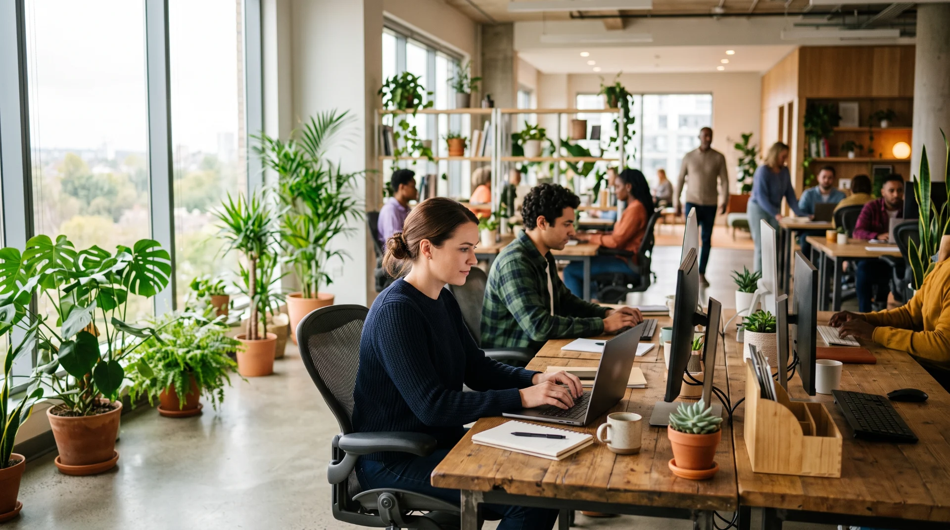Open-plan office with people working at desks among plants
