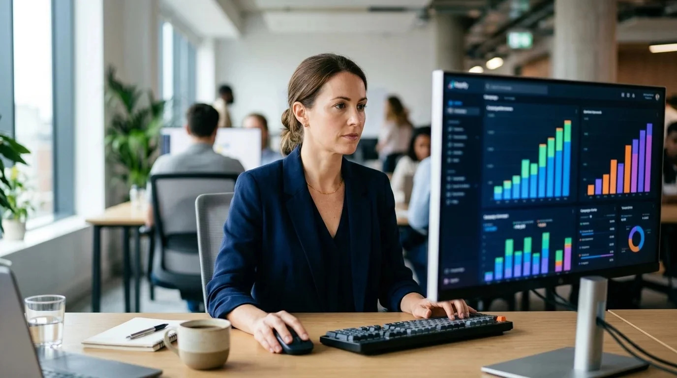 Marketer reviewing campaign bar charts on a large monitor in a bright office