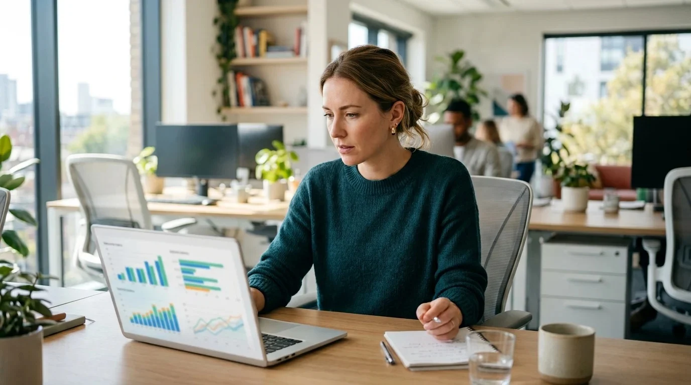 SEO specialist reviewing search performance charts on a laptop in a bright office
